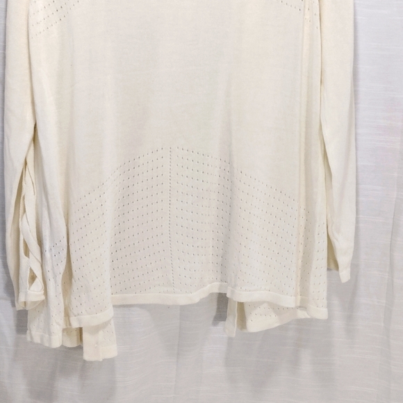 August Moon Cream Rayon Thin Knit Eyelet Criss Cross Cut-Out Sleeve Cardigan - Picture 9 of 14